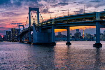 Panoramic image of a beautiful sunset sky and clouds above the Japanese capital Tokyo and Rainbow Bridge