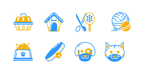 Cute pet shop vector graphic icon. Dogs, cats, cages, houses, food, collars, balls and grooming tools. Suitable for websites and patterns