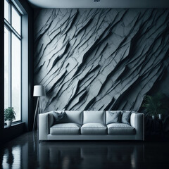 Clean Modern Design Interior Of Living Room, Cozy Sofa In Front Of Decorative Stone Wall, Generative AI