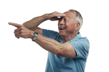 Surprise elderly man, looking far and pointing after discover with smile or attention on isolated transparent png background. Senior person, happy and hand with wow, search and show logo for promo