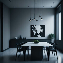 Modern Design Interior Of Dinning Room, Dinning Table and Chair In Front Of Wall With Decorative Elements, Generative AI