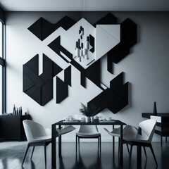 Modern Design Interior Of Dinning Room, Dinning Table and Chair In Front Of Wall With Decorative Art Elements, Generative AI