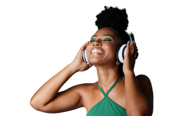 Isolated African woman, headphones and excited with music, fashion or smile by transparent png background. Happy gen z girl, model and audio streaming with radio, podcast or sound with green makeup