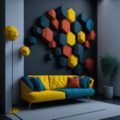 Modern Design Interior Of Living Room, Cozy Sofa In Front Of Decorative  Geometric Wall Panel, Generative AI