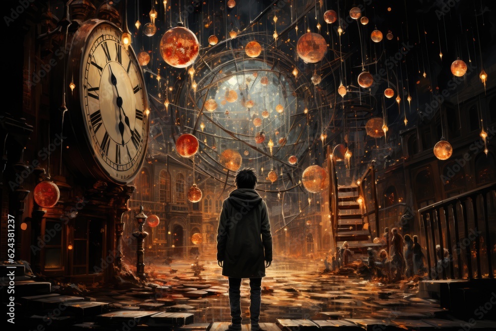 Poster a man standing in front of a clock in a dark room. generative ai.