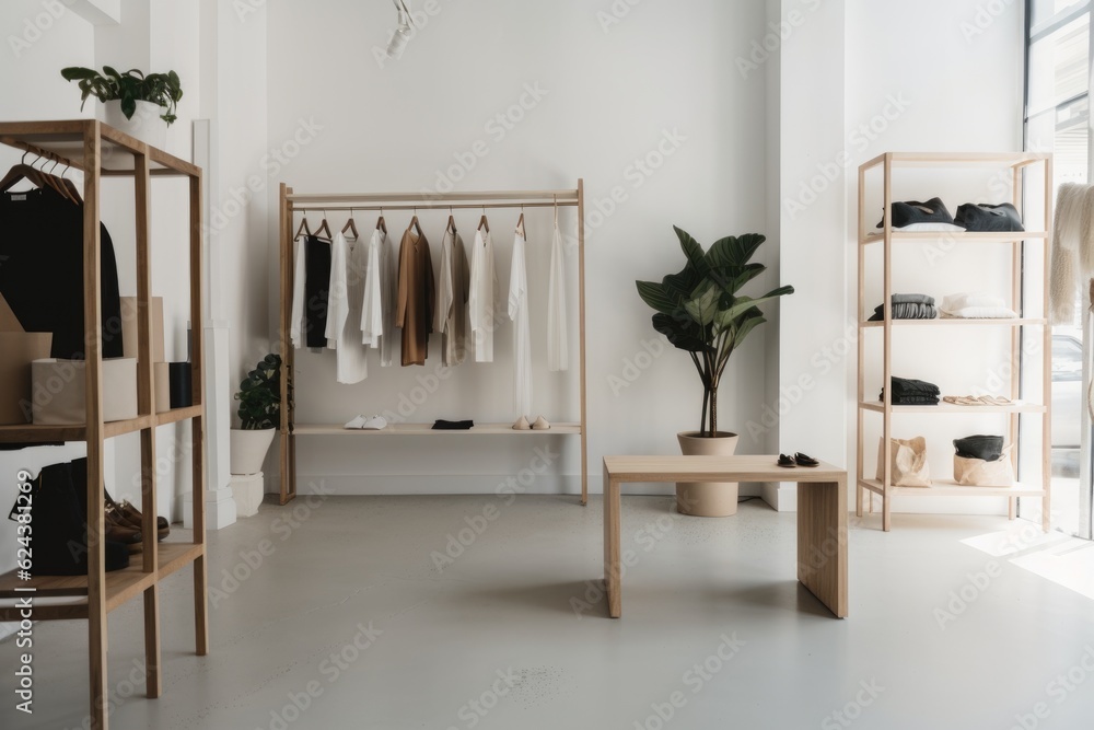 Sticker modern and minimalist store with ethical fashion brands in the background, created with generative ai