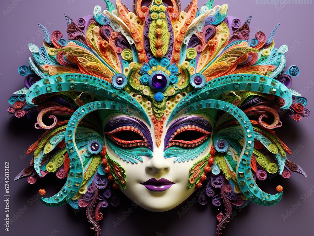 Wall mural a colorful mask with feathers on a purple background. generative ai.