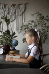 Primary schoolgirl, in school uniform, with a book