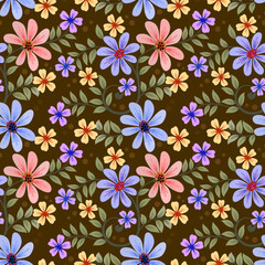 Cute colorful flowers on brown color background seamless pattern. This pattern can beused fro fabriv textile wallpaper.