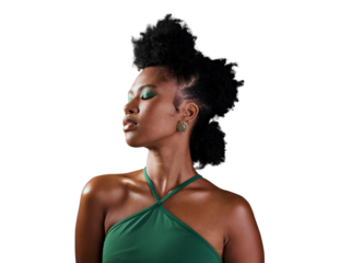 Makeup, black woman isolated and pose against a transparent png background. Self love or beauty cosmetics, trendy or thinking and young African female person posing for cool vintage fashion style