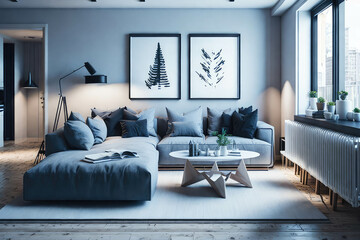 Modern Studio Apartament Interior, Living Room And Kitchen, Large Windows, Sofa and Table, Generative AI