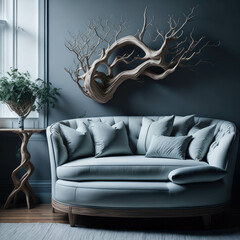 Rustic Handmade Wood Carved Loveseat Sofa in White Colors, Decorative Wood Branch,  Modern Art Interior Furniture, Generative AI
