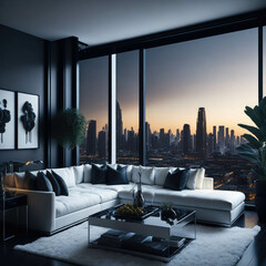 Hollywood Glam Style Interior Design, Modern  Cozy Sofa with Pillows and Coffee Table, Apartament Living Room, Generative AI