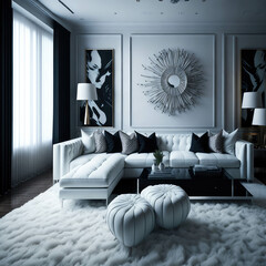 Hollywood Glam Style Interior Design, Modern  Cozy Sofa with Pillows and Coffee Table, Apartament Living Room, Generative AI