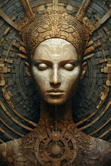 A gold statue of a woman with intricate designs. Generative AI.