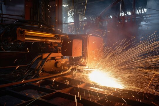 close-up of construction site machinery, with sparks flying from welding torch, created with generative ai