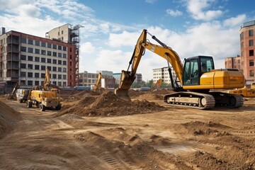 construction site with backhoe, bulldozer and crane in the background, created with generative ai
