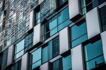 abstract and geometric design of a modern building facade with glass windows, created with generative ai