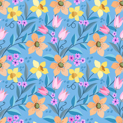 Colorful flowers design on blue color background seamless pattern. Canbe used for fabric textile wallpaper.