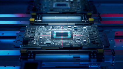 Printed Circuit Board with Advanced Processing Unit inside Component Installation Machine. Top...