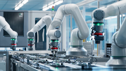 Advanced High Precision Robot Arm inside Bright Electronics Factory. Electronic Devices Production...