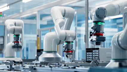 Advanced High Precision Robot Arm inside Bright Electronics Factory. Electronic Devices Production...