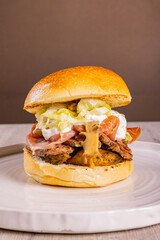 Panino da pub con hamburger di carne, patate al forno, insalata, funghi, prosciutto crudo e burrata pugliese