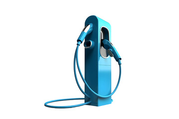 Blue electric car charging side view electric car charging station isolated on white background  - Generative AI 