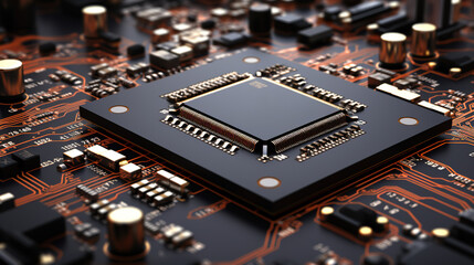 Fototapeta na wymiar Powerful Computing: CPU Microchip on Electronic Motherboard with Integrated Chips, Generative AI