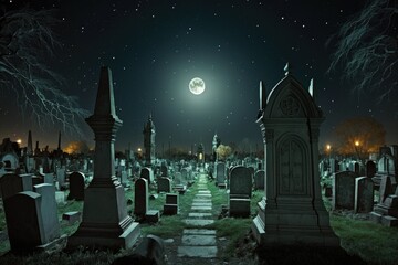 Fototapeta premium full moon above a cemetery, with the bright stars shining overhead, created with generative ai