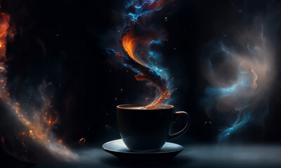 Fantasy a cup of coffee sitting on top of a saucer on dark background