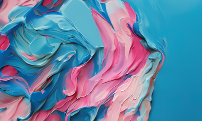 A close up of a blue and pink oil painting