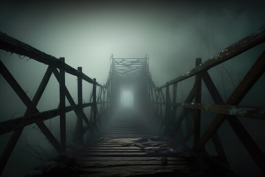 foggy wooden bridge over a dark and mysterious abyss, created with generative ai