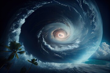 view of tropical cyclone from outer space, with planets and stars in the background, created with generative ai