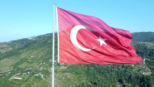 30 Agustos Zafer Bayrami concept. Turkish flag aerial view. 30 August Victory Day. Turkish National Holiday concept