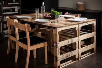 a sleek and modern dining table made from repurposed crates, created with generative ai