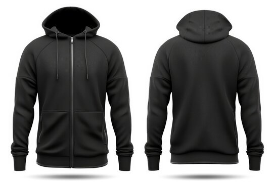 stylish black hoodie zipper mockup. front and back view with white background