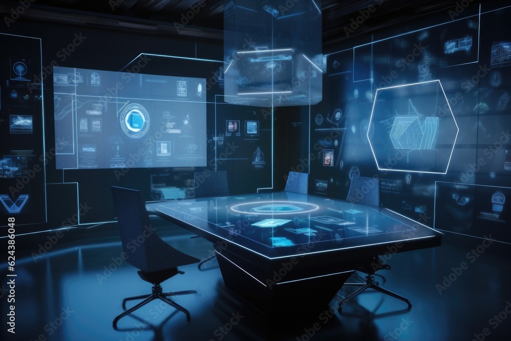 Poster conference room with holographic display and floating icons, created with generative ai