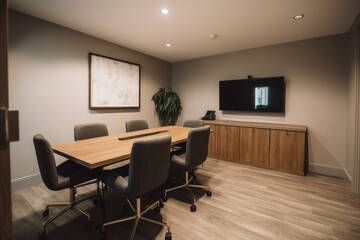 Obraz na płótnie Canvas modern meeting room with sleek and minimalist decor, flat screen monitor, and wireless mouse & keyboard, created with generative ai