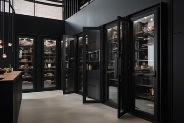 modern walk-in freezer with transparent doors and sleek black finish, created with generative ai