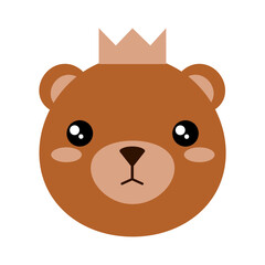 Little baby bear boy. Character of baby animal face with crown on head. Vector illustration of bear prince cub. Print of teddy bear for kids.