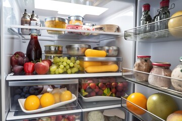 close-up of walk-in refrigerator, with various food items and beverages visible, created with generative ai