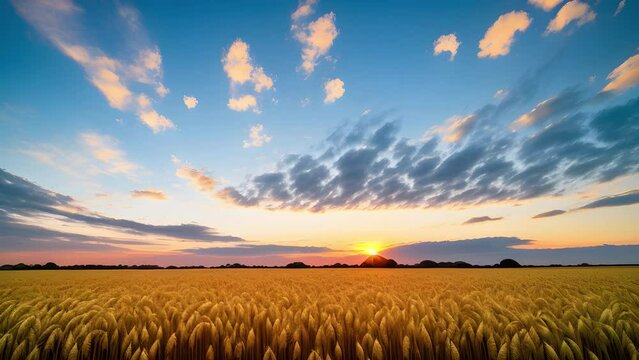 A beautiful sky landscape over a wheat field with a sunrise, created with the help of artificial intelligence.