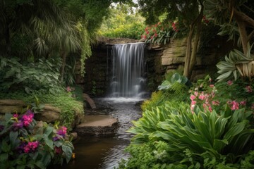 waterfall surrounded by lush greenery and vibrant blooms, created with generative ai