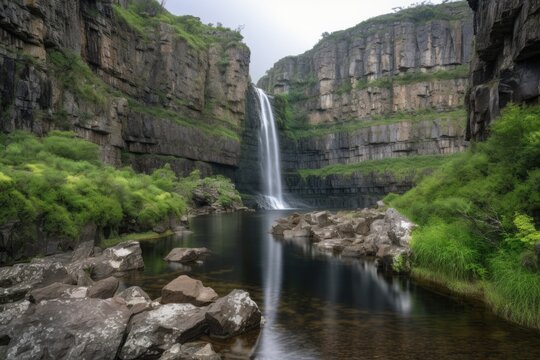 majestic waterfall cascading over towering cliffs into tranquil pool, created with generative ai