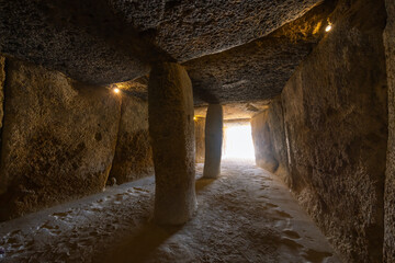 Interior of the Menga dolmen, view of the central pillar, UNESCO site, Antequera, Spain - obrazy, fototapety, plakaty