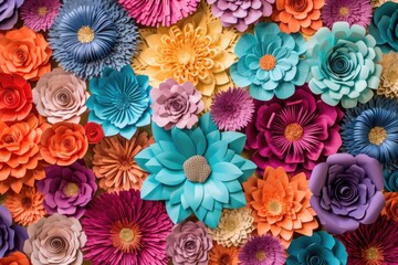 Fototapeta na wymiar colorful paper flower wall for a vibrant background, created with generative ai