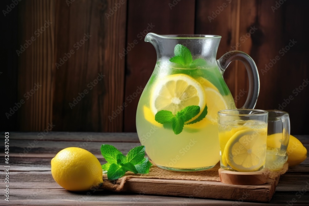 Wall mural refreshing summer lemonade in vintage glass pitcher on rustic wooden table, created with generative ai