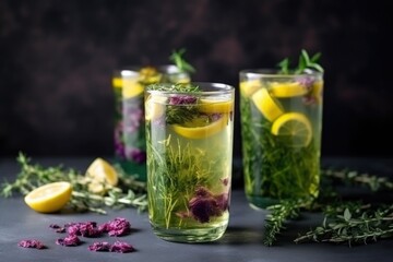 refreshing summer lemonade cocktail with mix of juices, teas and herbs, created with generative ai