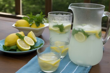 Fototapeta premium refreshing lemonade with a hint of mint, perfect for summer, created with generative ai